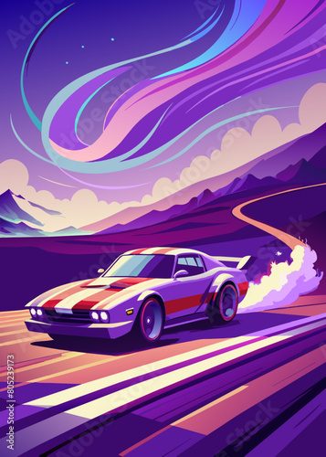 A vibrant and eye-catching vintage-inspired design featuring a racing car drifting around an American flag. The car is adorned with patriotic colors and leaves a trail of smoke as it navigates 