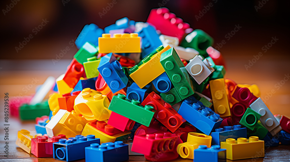 Obraz premium Colorful Interlocking Plastic Blocks on Wooden Background