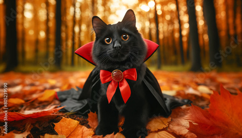 a black cat dressed in a vampire costume