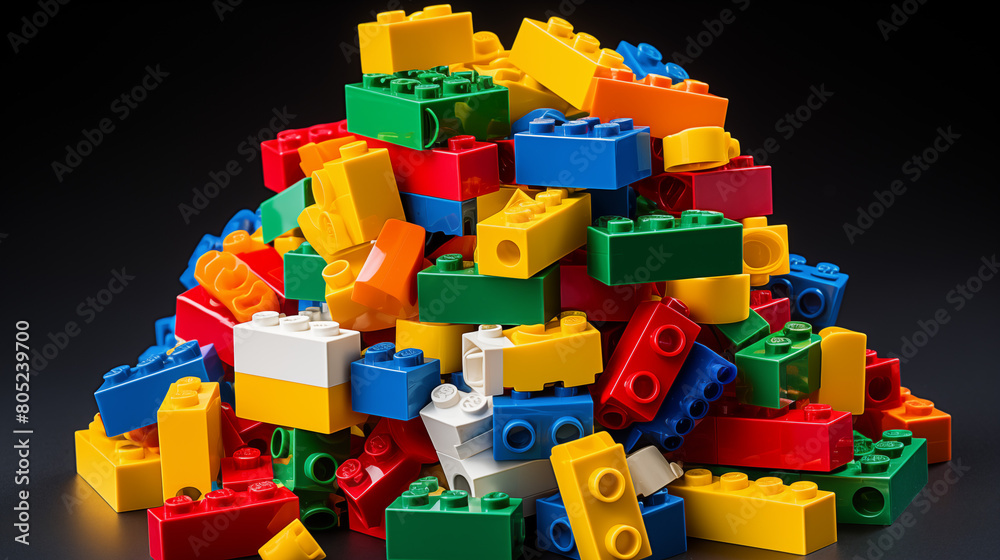 Naklejka premium Heap of Colorful Toy Bricks on Black Background