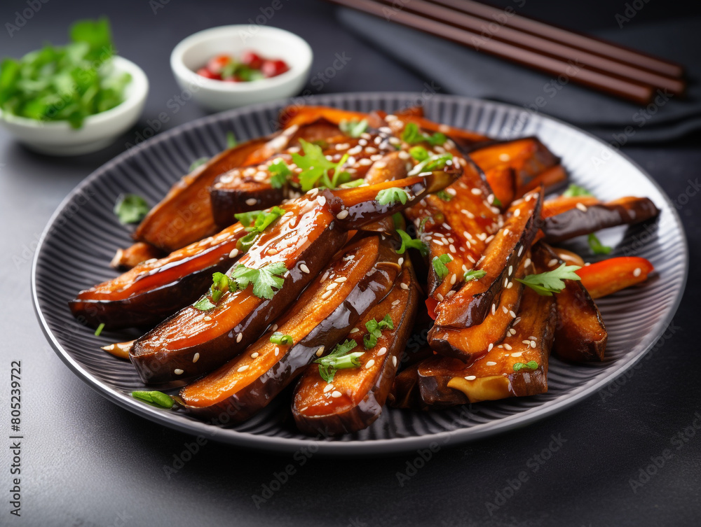 Delicious Asian eggplant appetizer with spicy sauce and sesame, highlighted on a deep and elegant dark background Delicious Asian eggplant appetizer with spicy sauce and sesame, highlighted on a deep and elegant dark background