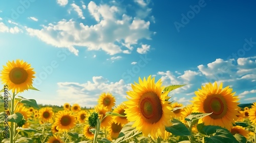 A field of sunflowers stretching towards the horizon  their golden blooms swaying gently in the breeze under a clear blue sky.