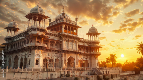 Majestic Indian Palace, Ancient Architecture with Intricate Artwork Against a Blue Sky photo