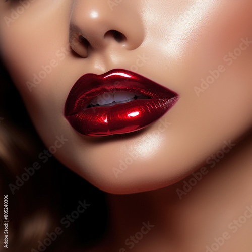  Juicy dark red lips are made up with special brush