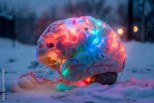 A frozen brain illuminated by colored lights, with frostcovered circuits and wires extending from it photo