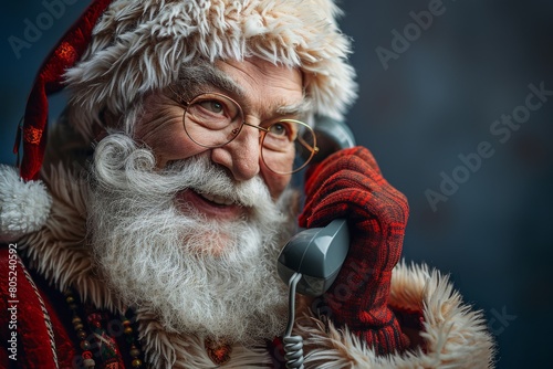 Santa Claus captured in a moment of contemplation, holding a glistening silver Christmas bauble in a serene setting