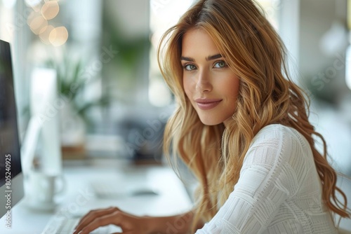 A confident young blond woman works at her desktop computer with a pleasant expression in a bright office setting