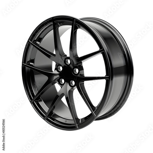 A sleek alloy rim with a glossy black finish, designed for modern sports cars, on a transparent background.