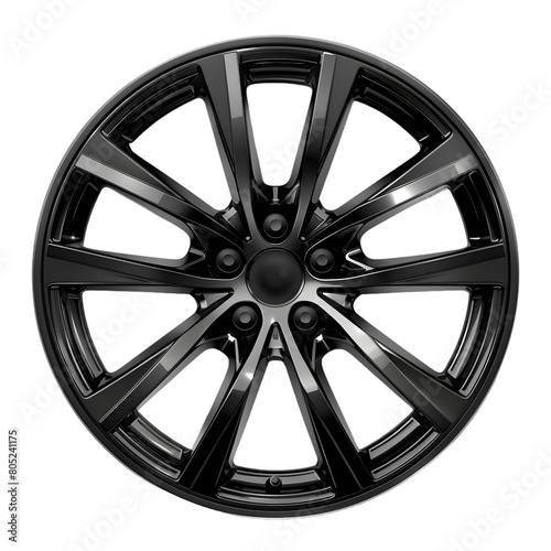 A sleek alloy rim with a glossy black finish, designed for modern sports cars, on a transparent background.