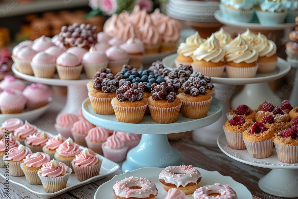 This image captures an array of beautifully decorated cupcakes topped with fruits, berries, and candies, perfect for sweet cravings This image captures an array of beautifully decorated cupcakes topped with fruits, berries, and candies, perfect for sweet cravings