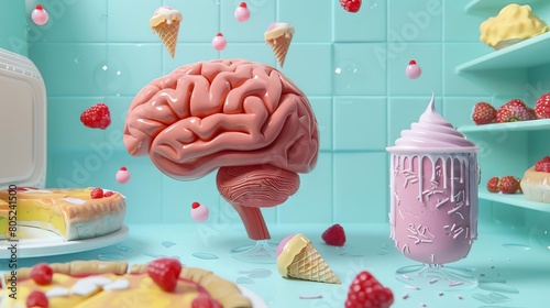 A whimsical image of a brain frozen inside a cartoonlike freezer, next to ice cream and frozen pizza photo