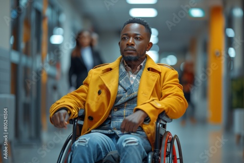 A serious-looking man in a yellow jacket moves through the interior of a public building in his wheelchair photo