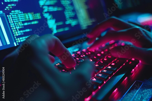 Macro shot of a hand typing on a keyboard with blockchain code visible on the computer screen 