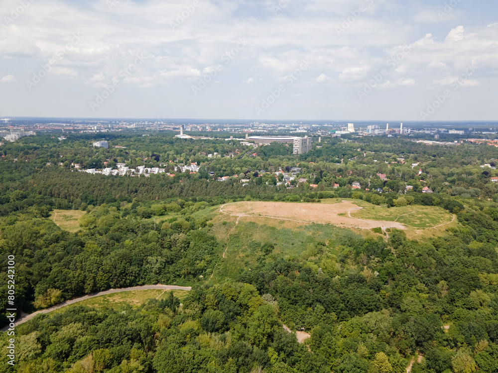 Aerial landscape of Grunewald forest and city skyline on a sunny day in Berlin