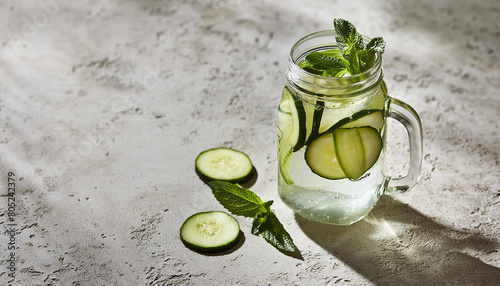 Glass mason jar with cucumber mint detox water. Healthy vegan beverage. Tasty drink. photo
