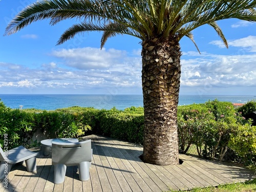 Outdoor Patio and Furniture Facing Atlantic Ocean Sea at Anglet, France photo