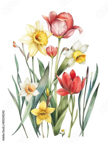 A delicate watercolor illustration of spring flowers blooming, including tulips and daffodils in bright, cheerful colors, isolated on a white background