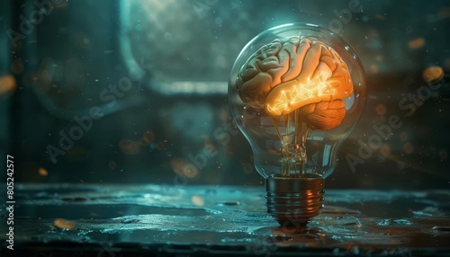 A brain encased in a cryogenic pod thats shaped like an idea light bulb, glowing from within photo