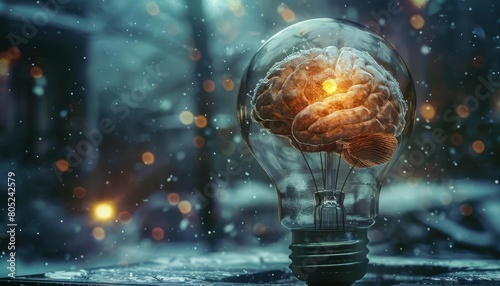 A brain encased in a cryogenic pod thats shaped like an idea light bulb, glowing from within photo