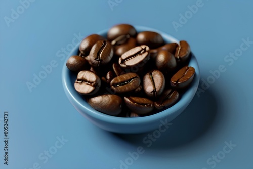 AI illustration of coffee roasted coffee beans on a blue bowl  show the idea from caffeine working as a motivation/reward for some people photo