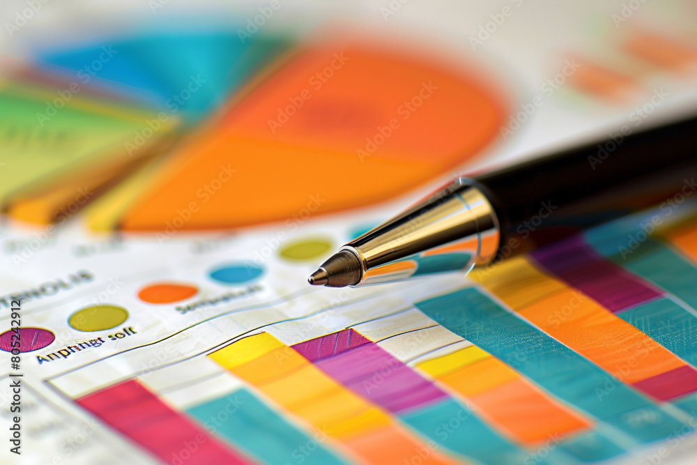 Fototapeta premium Macro shot of colorful pie charts and bar graphs on an economic report, pen pointing at key figures 