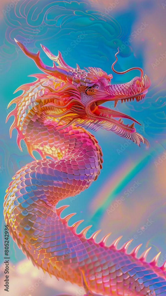 japanese dragon,light pink scales,Blue sky and rainbow in the background, The dragon's body is snake-like and has no wings - japanese dragon,light pink scales,Blue sky and rainbow in the background, The dragon's body is snake-like and has no wings -