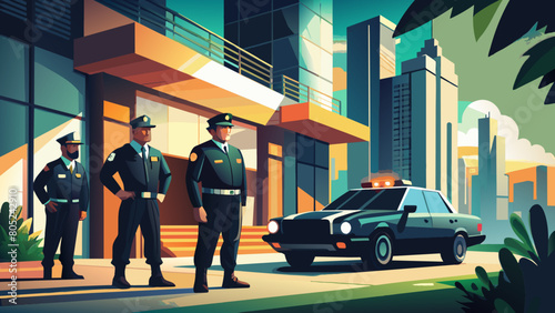 photo for advertising a private security company and security guards, all black uniform with short sleeves and a cloth cap, standing next to a patrol car