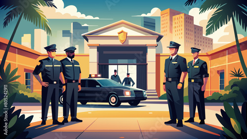 photo for advertising a private security company and security guards, all black uniform with short sleeves and a cloth cap, standing next to a patrol car