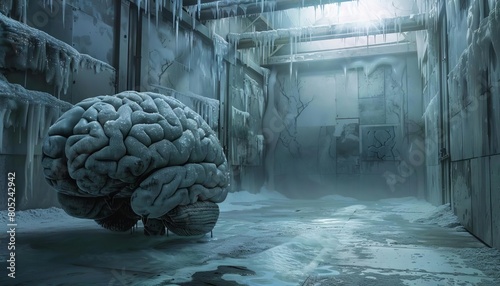 A brain encased in frost inside a cold storage facility, with frostcovered walls around it photo