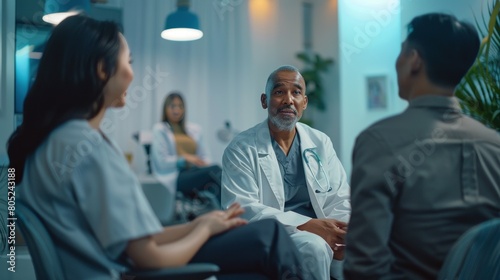 A medical team is having a discussion meeting about high technology, neurology, hospitals, data analysis. teamwork medical personnel Medical equipment, emphasis on night shift, counseling