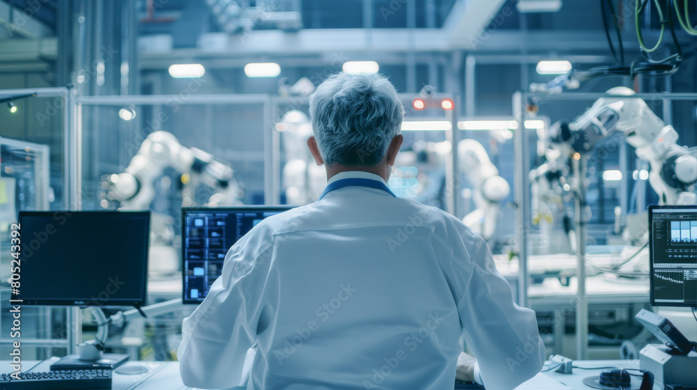Senior engineer monitoring and analyzing conditions at a modern electronics factory with automated robots working with the help of artificial intelligence software - Model by AI generative Senior engineer monitoring and analyzing conditions at a modern electronics factory with automated robots working with the help of artificial intelligence software - Model by AI generative