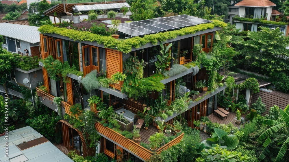 A green house or building with a rooftop garden and solar panels on the roof is an innovative design with sustainability in mind.