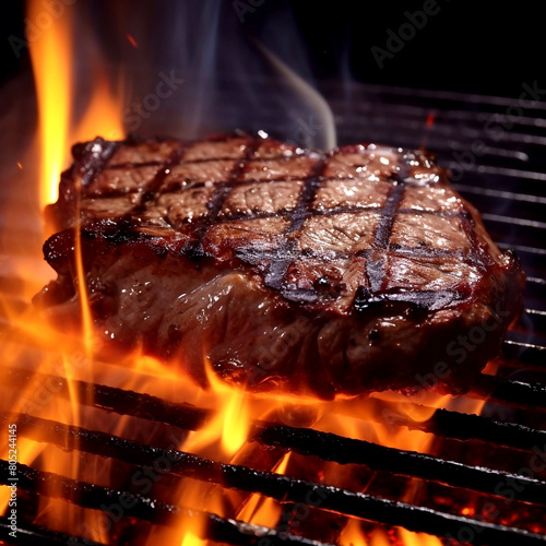 Steak grilled on the stove, on fire, dramatic studio lighting and a shallow depth of field, placed on a reflective black surface.