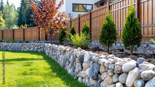 A recently constructed wooden fence featuring decorative stones on its stone pillars. Landscaping. Trimmed lawn and rock hill. Young maple tree. Solid fence wall. House territory accomplishment photo