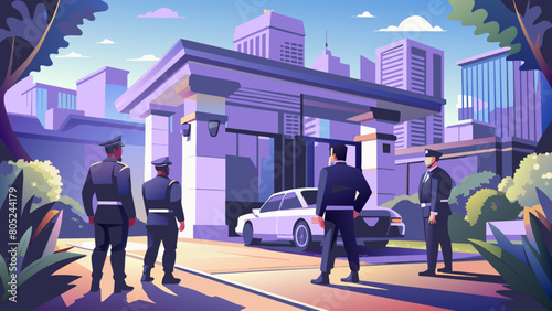 photo for advertising a private security company and security guards, all black uniform with short sleeves and a cloth cap, standing next to a patrol car
