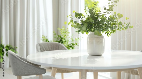 A bright and airy modern interior with a white round table  elegant grey upholstered chairs  and a chic vase with fresh green leaves  complemented by soft natural light  3D render