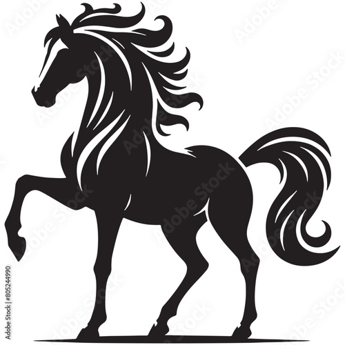 a black and white drawing of a horse with a tail that says 