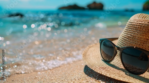 Black sunglasses with a straw hat next to a slipper backdrop of the clear sea. the idea of travel, vacation, and a lovely sandy beach in the summer. Holiday concept. Copy space for a message