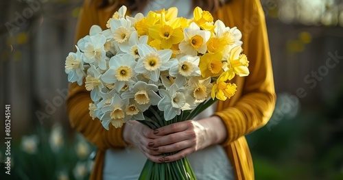 A Close-Up View of a Woman Cradling Bouquets of Vibrantly Blooming White and Yellow Daffodils