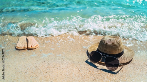 Black sunglasses with a straw hat next to a slipper backdrop of the clear sea. the idea of travel, vacation, and a lovely sandy beach in the summer. Holiday concept. Copy space for a message