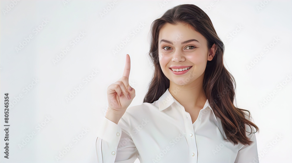 smiling pretty well-groomed young woman showing index finger up, isolated on white background, empty copy space smiling pretty well-groomed young woman showing index finger up, isolated on white background, empty copy space