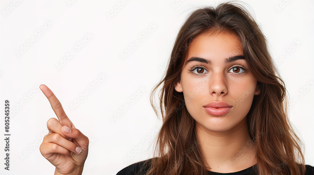smiling pretty well-groomed young woman showing index finger up, isolated on white background, empty copy space smiling pretty well-groomed young woman showing index finger up, isolated on white background, empty copy space