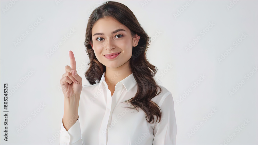 smiling pretty well-groomed young woman showing index finger up, isolated on white background, empty copy space smiling pretty well-groomed young woman showing index finger up, isolated on white background, empty copy space