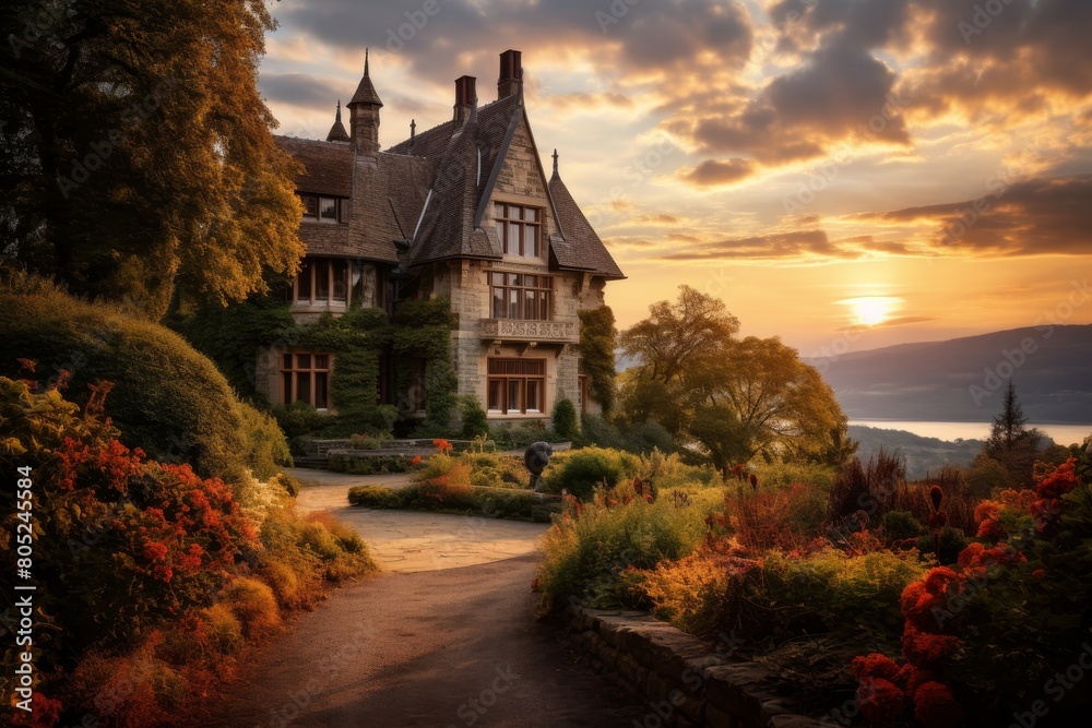 A Majestic Hilltop Mansion Overlooking a Serene Valley with a River, Illuminated by the Golden Rays of the Setting Sun A Majestic Hilltop Mansion Overlooking a Serene Valley with a River, Illuminated by the Golden Rays of the Setting Sun