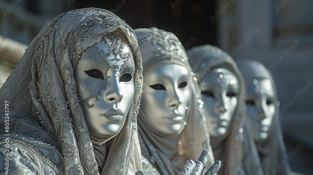 Serene Unity: Four Individual Nuns in White Garments with Ornamental White Masks