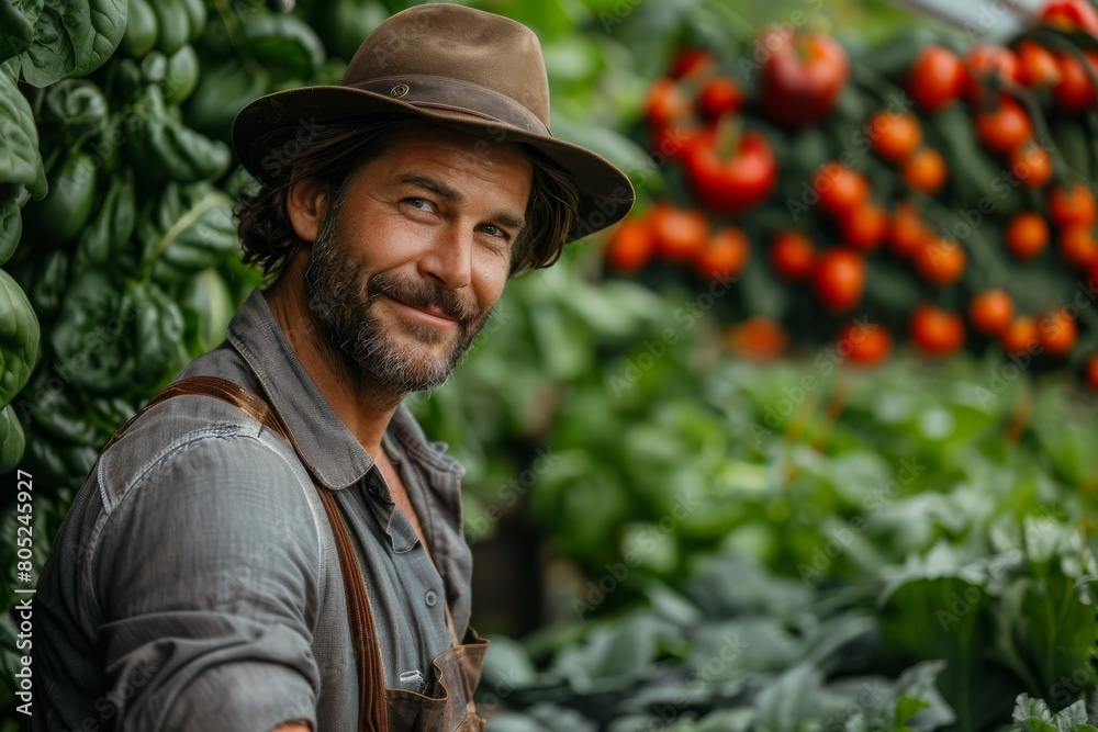 Charismatic farmer smiles warmly while working in a vegetable garden filled with tomatoes and greens Charismatic farmer smiles warmly while working in a vegetable garden filled with tomatoes and greens
