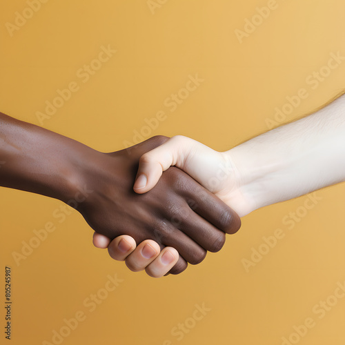 Closeup of White and Black shaking hands over a deal. No racism. 