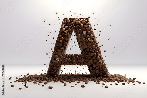 The letter A 3D, in white color with coffee beans on top, splashes of coffee and beens on top, a letter made of coffee, a smooth white background.