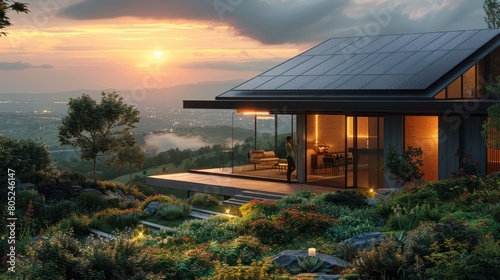 a home with green roofs and solar panels are shown