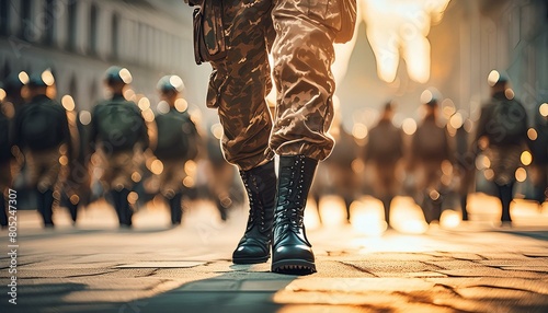 soldiers in camouflage uniform and black soldier boots march on the square, close-up of legs, side view photo